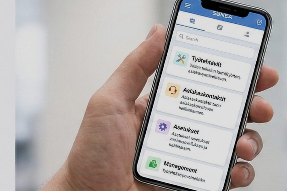 Käsi pitelemässä puhelinta, jossa on sovellus auki